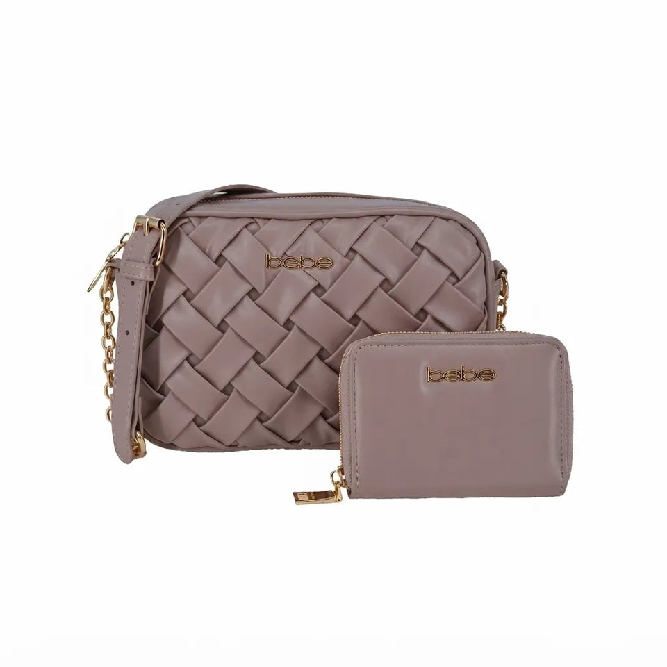 A taupe leather crossbody bag with a woven basketweave pattern on the front, a matching zip-around wallet, and gold-tone hardware, including a chain strap and a visible 'babe' logo on both items, set against a plain white background.