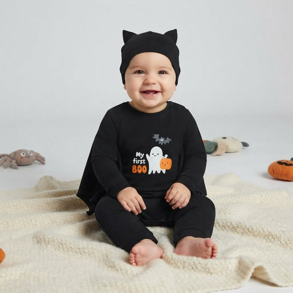 A baby wearing a black long-sleeve Halloween outfit with a matching black cat-ear hat, sitting on a cream blanket with plush toys in the background.