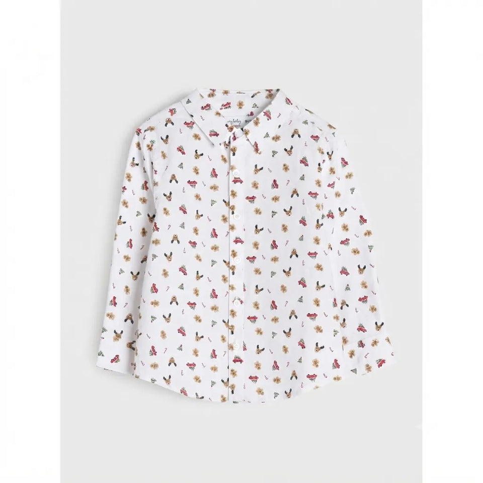 A white long-sleeve button-up shirt with a small all-over floral and butterfly print, shown flat against a light gray background.