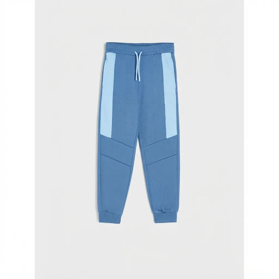 Blue jogger sweatpants with light blue side panels and a matching drawstring, shown flat on a light gray background.
