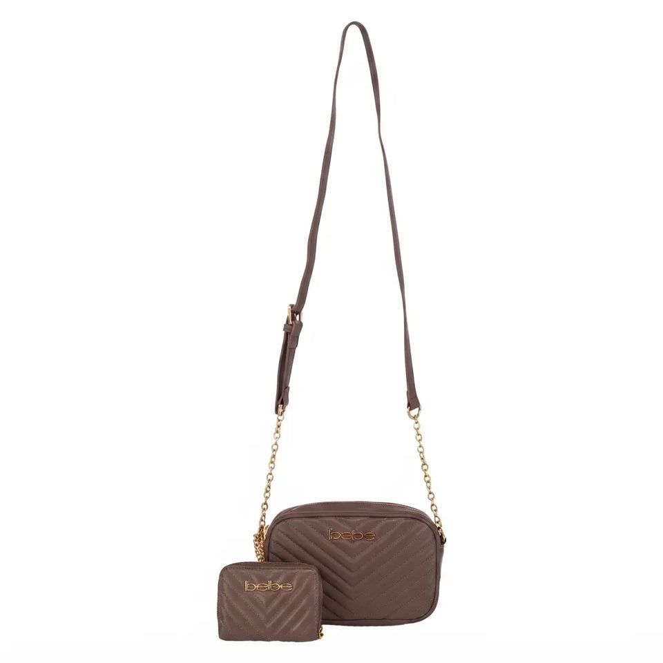 A brown quilted crossbody bag with a matching small pouch, featuring gold-tone chain straps and a gold brand logo on a plain white background.