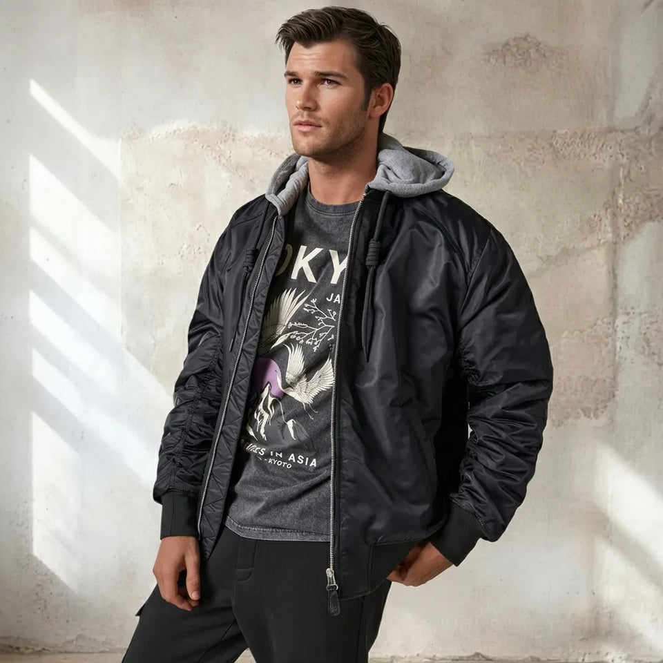 Sinsay Men's Black Bomber Jacket Paired With A Detachable Grey Hooded Insert