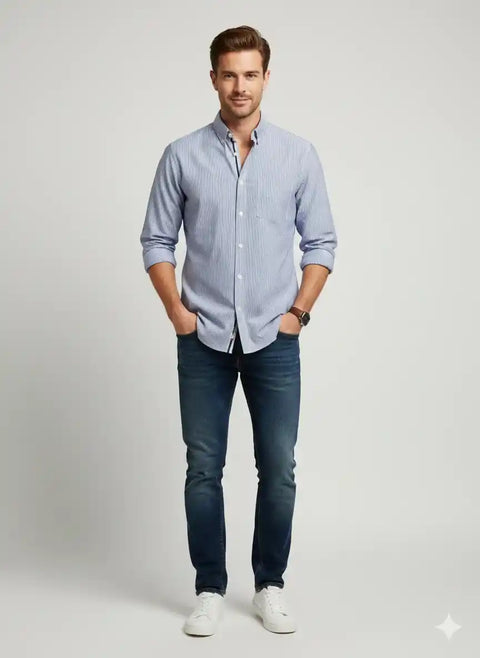 Mr G Men's White & Blue Striped Regular Fit Shirt | Mr G In Lebanon