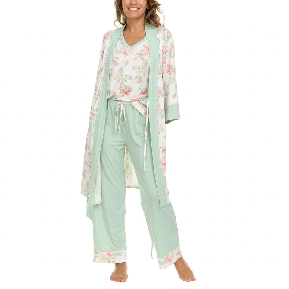 Flora Nikrooz Women's Mint Green Robe Tank And Pant Pajama Set