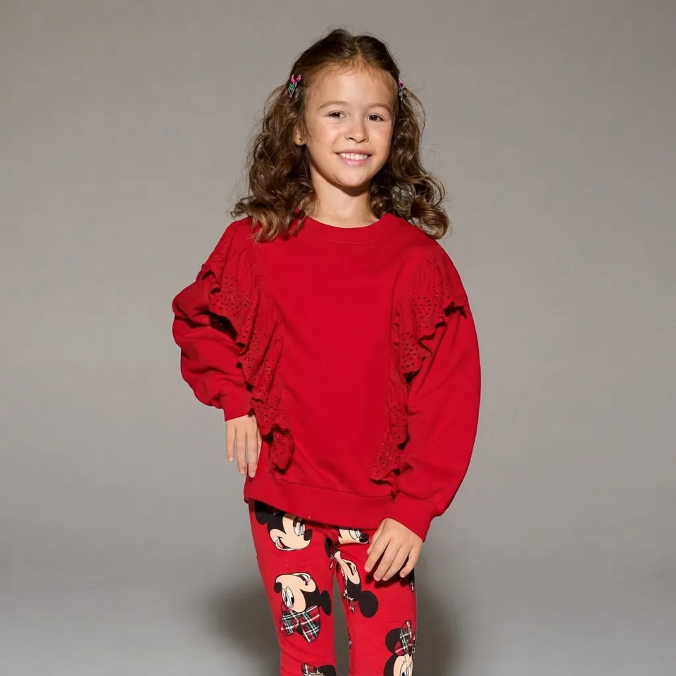 Sinsay Girl's Red Eyelet Embroidered Ruffles Sweatshirt