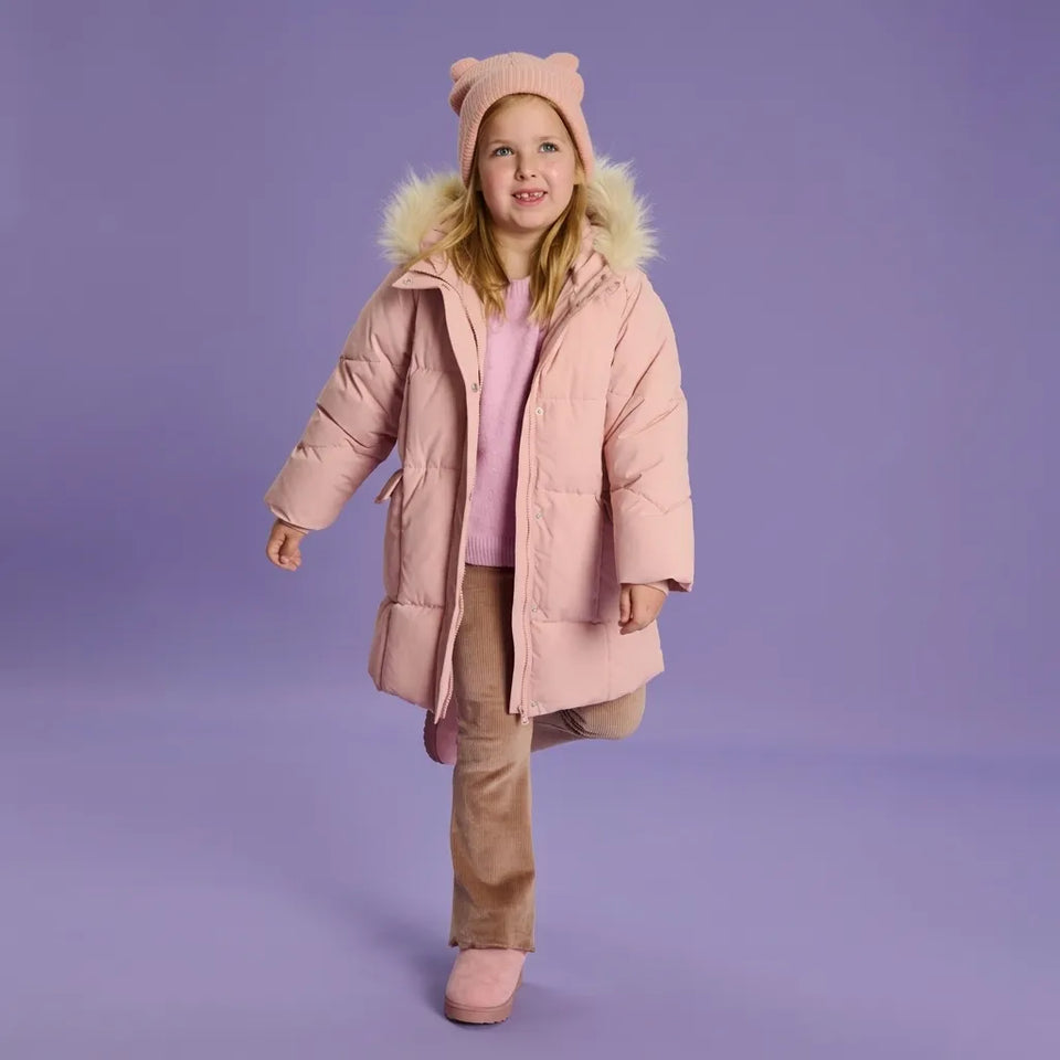 Sinsay Girl's Pink Quilted Puffer Jacket Featuring Faux Fur