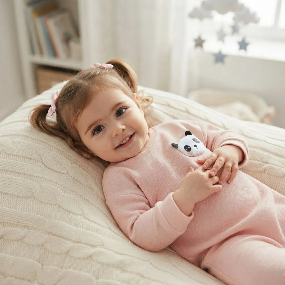 A toddler girl with pigtails lies on a cream cable-knit blanket in a softly lit room, wearing a pale pink long-sleeve romper with a small black-and-white panda face on the chest.
