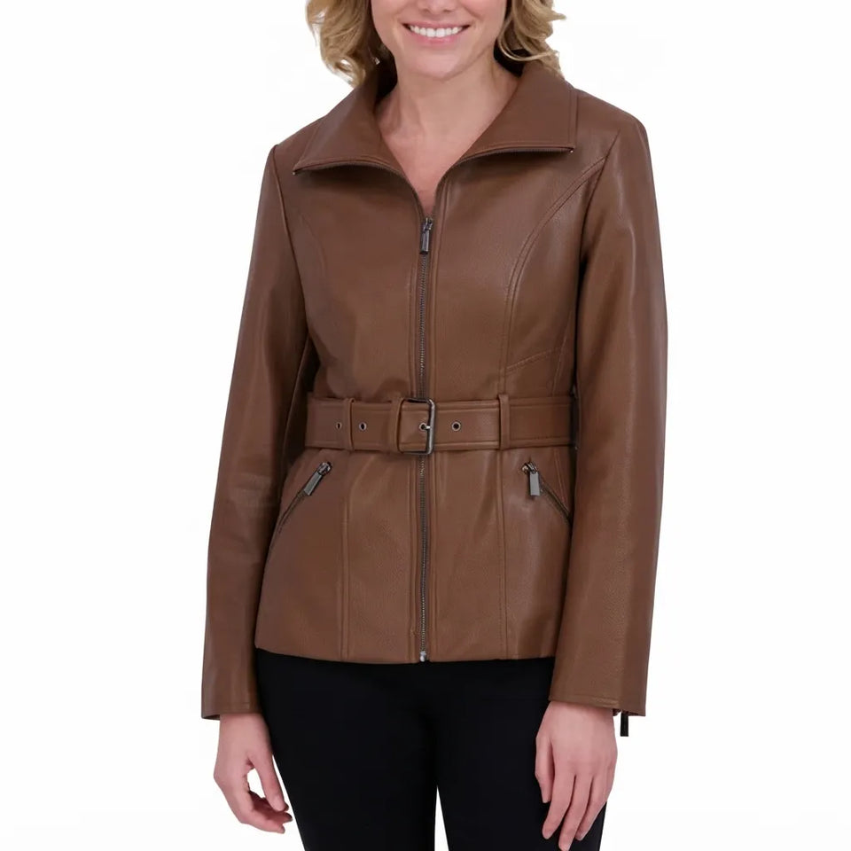 Kenneth Cole Women's Brown Belted Faux Leather Jacket