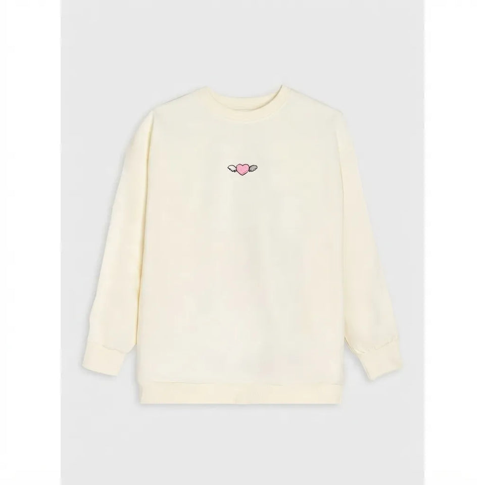 An off-white long-sleeve crewneck sweatshirt with a small embroidered graphic of two hearts on the chest, displayed against a light gray background.