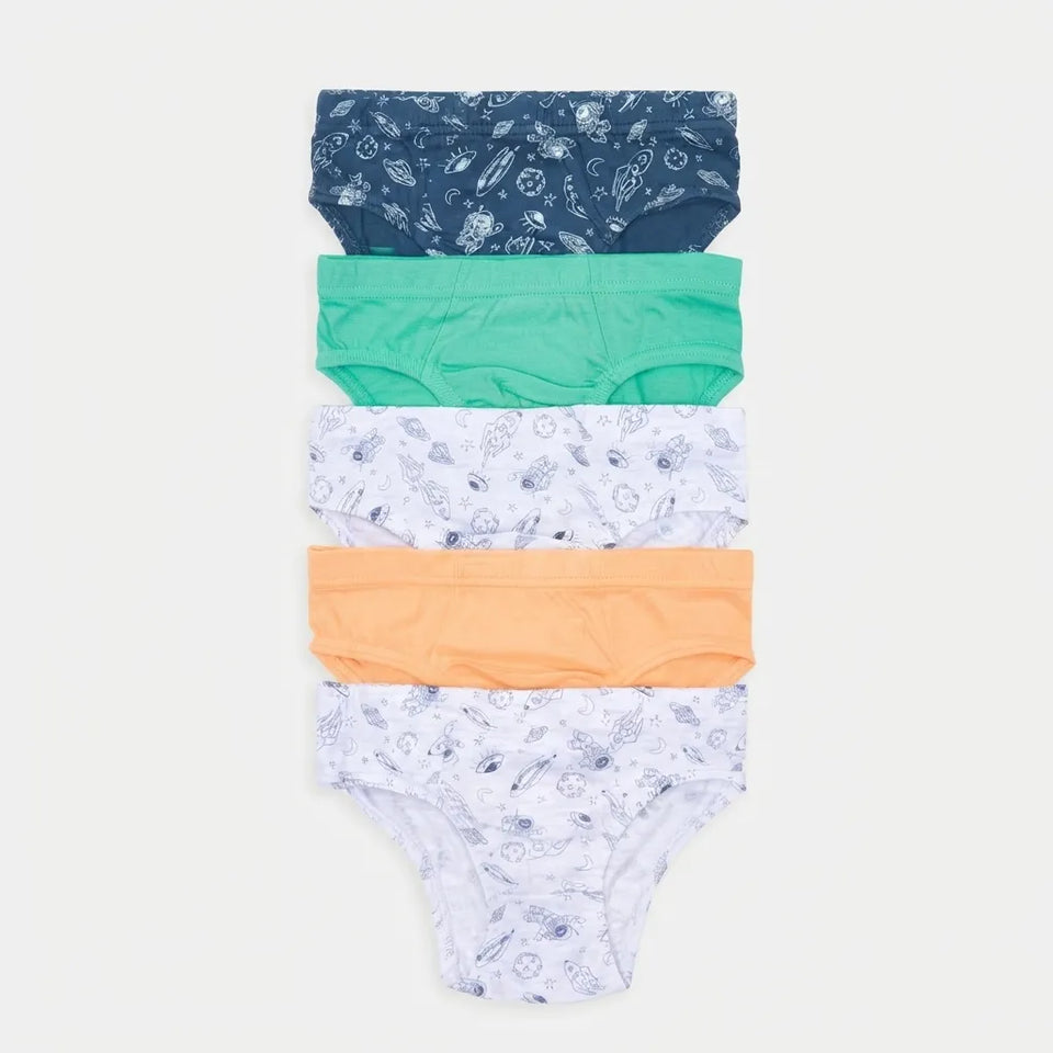 A five-pack of women's briefs stacked vertically on a light gray background. The set includes one navy blue floral print pair, one solid mint green pair, one white floral print pair, one solid orange pair, and one white floral print pair.