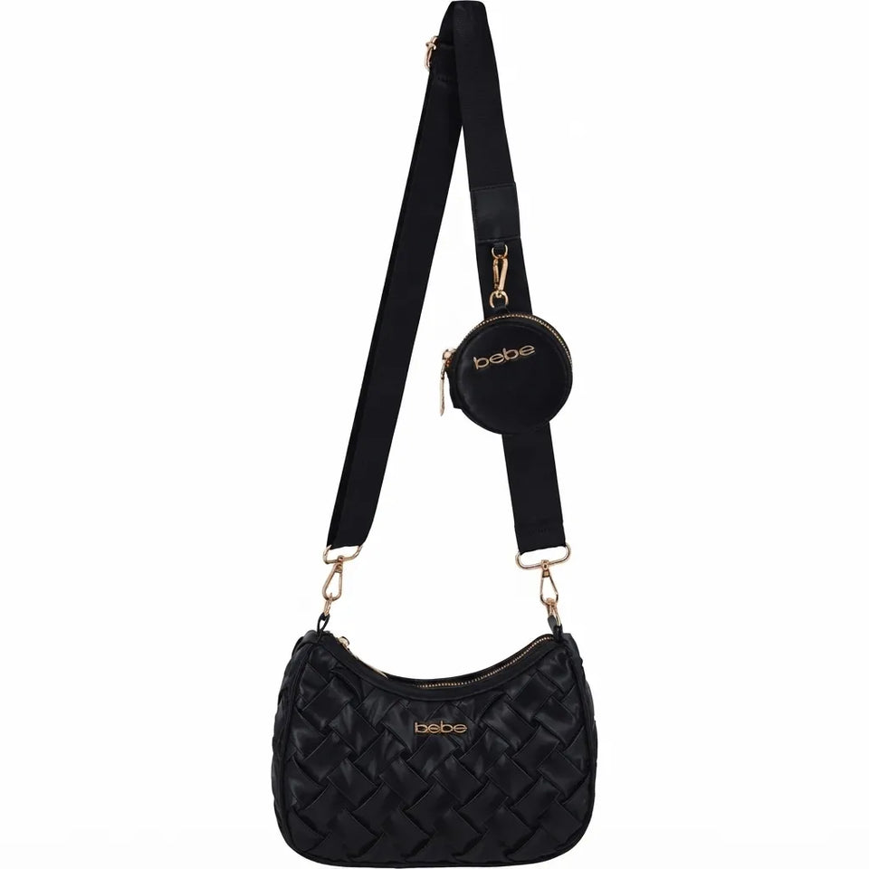 Black quilted crescent shoulder bag with a matching round coin pouch and adjustable shoulder strap, featuring gold-tone hardware and 'babe' branding on a white background.
