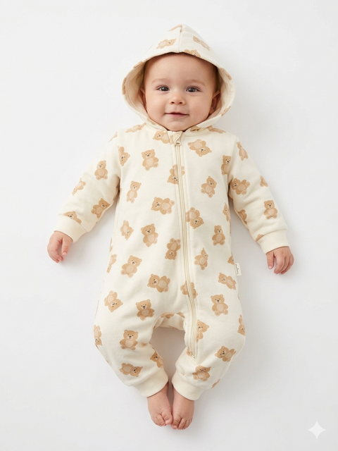 Sinsay Baby Boys’ White & Beige  Teddy Bear Hooded Romper | Sinsay in Lebanon