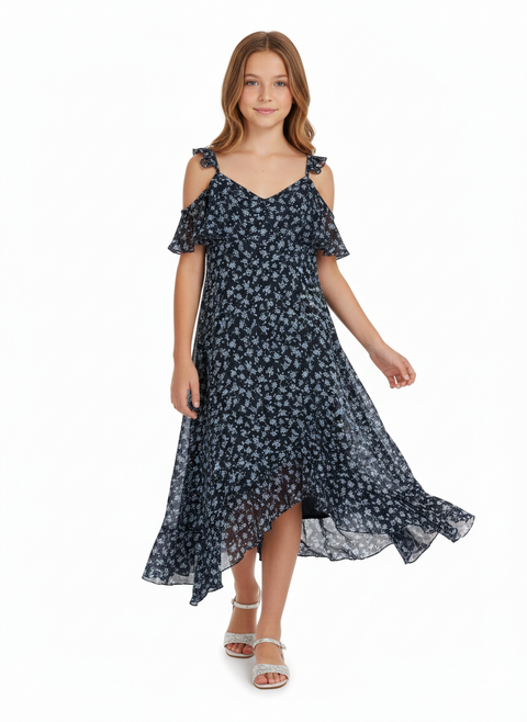 Tinsel Town Girl's Navy Blue Floral Ruffle Hem Dress | Tinsel Town in Lebanon