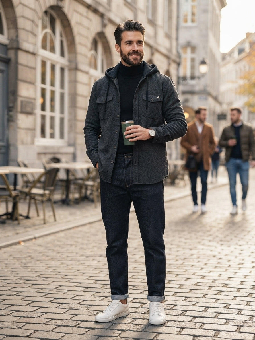 Quicksilver Men's Dark Grey Hooded Flannel Overshirt