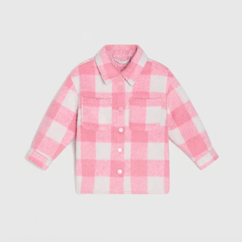 A pink and white checkered long-sleeve button-up shirt jacket with a collar, shown flat on a light gray background.