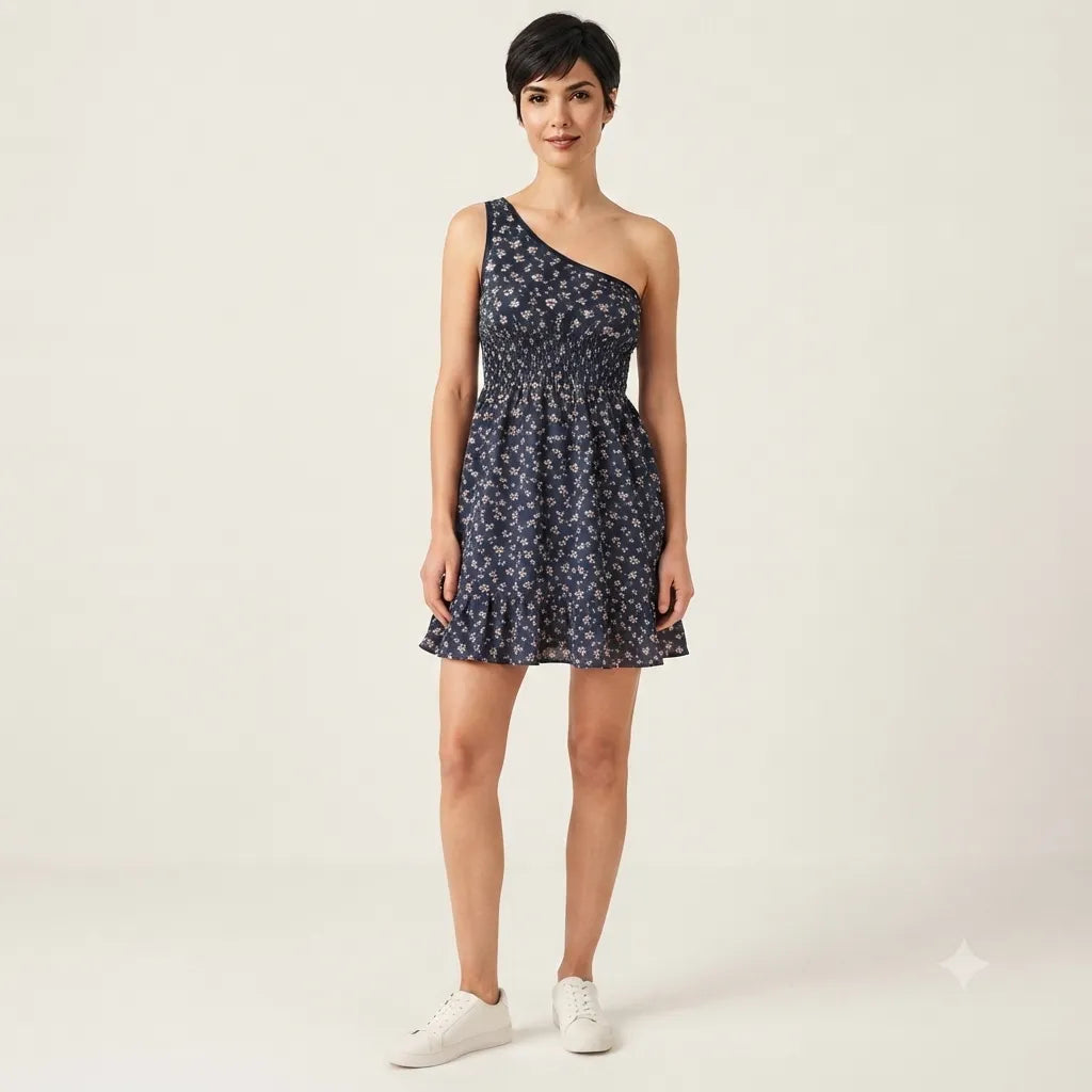 Planet Heart Women's Navy  One-Shoulder Floral Smocked Mini Dress