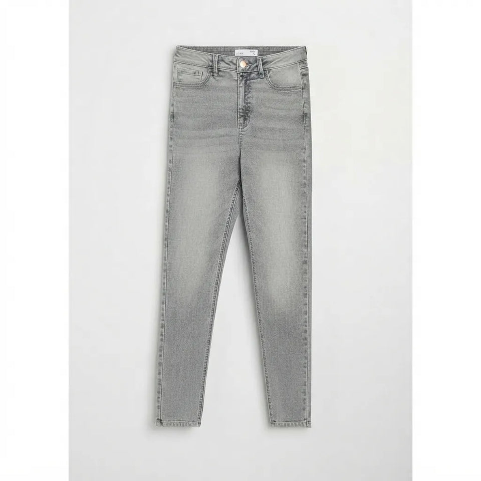 Light gray slim-fit denim jeans shown flat against a light gray background.