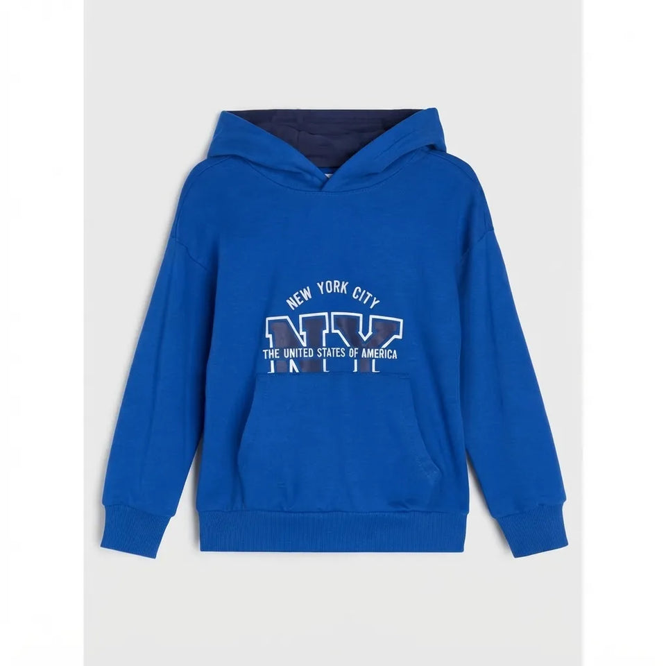 A royal blue hooded sweatshirt with a white graphic on the front reading 'NEW YORK CITY' and 'THE UNITED STATES OF AMERICA' around a large 'NY' design, shown on a light gray background.