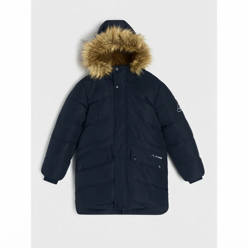 A dark navy blue puffer jacket with a brown faux-fur trimmed hood, featuring a front zipper, snap buttons, and front flap pockets, shown against a light gray background.