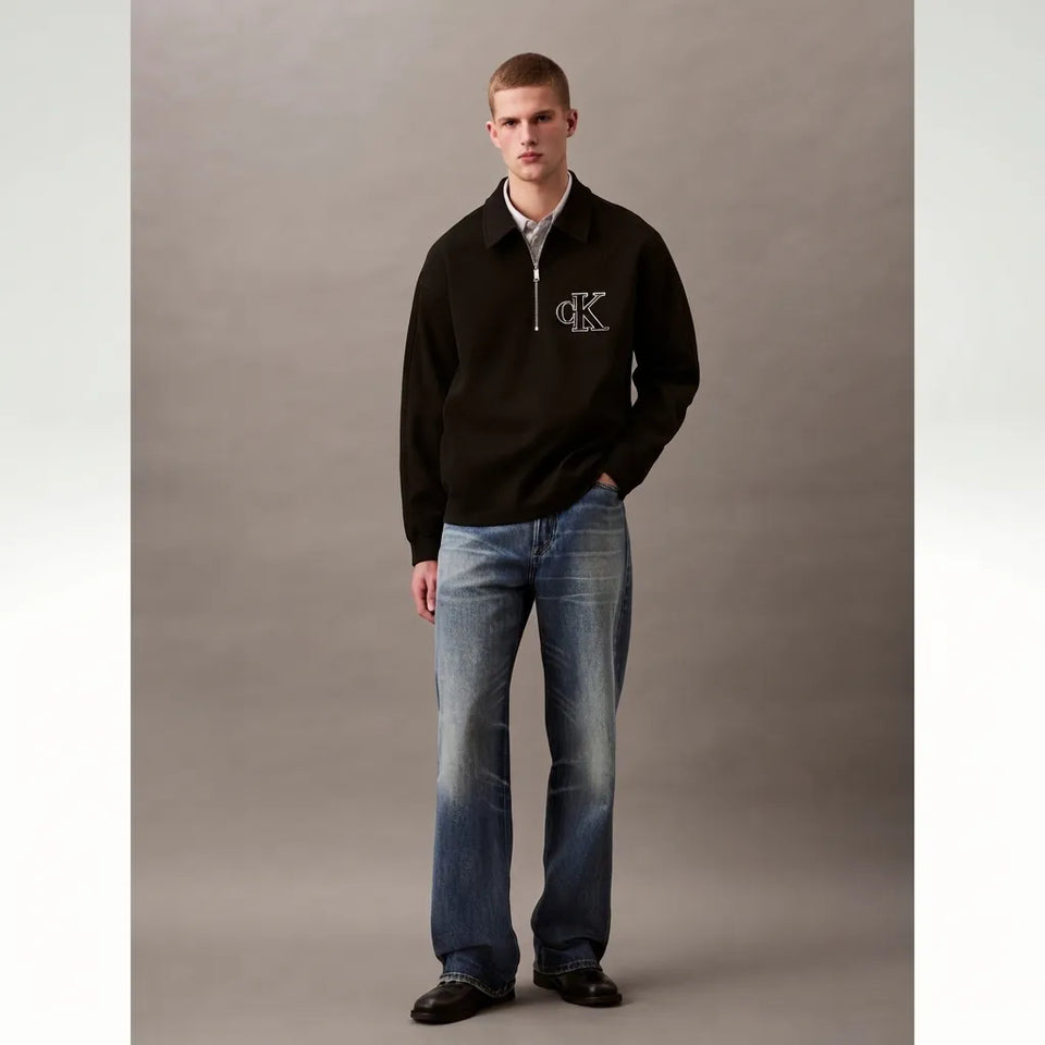 Calvin Klein Men's Black Rib Knit Logo Applique Zip Sweatshirt