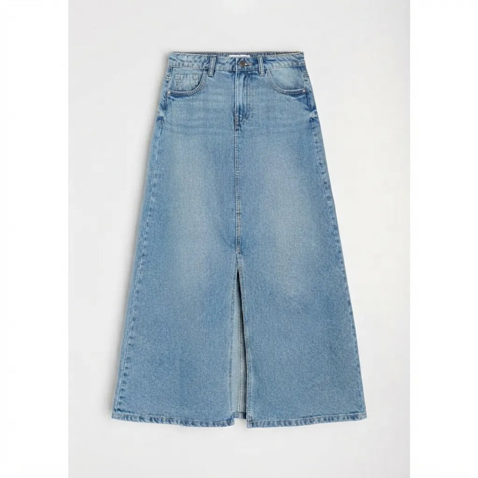A light blue denim culotta skirt with a front slit, shown flat against a light gray background.