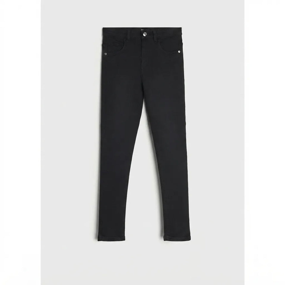 Black slim-fit jeans shown flat against a light gray background.