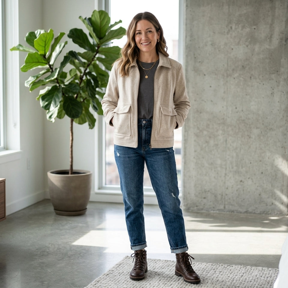 A woman stands in a bright, modern room wearing a beige jacket, dark gray t-shirt, blue jeans, and brown boots. A large green potted plant is on the left, and a concrete wall is on the right.