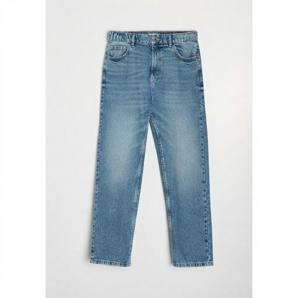Light blue denim jeans with a straight-leg fit, shown flat against a light gray background.