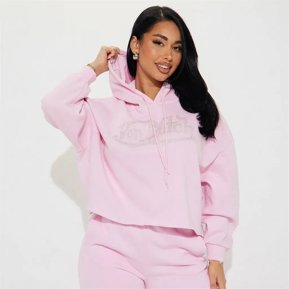 Von Dutch Women's Baby Pink Rhinestone Cropped Hoodie