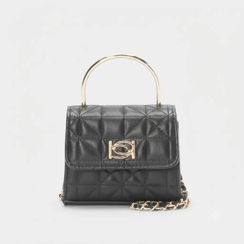 A small black quilted leather handbag with a gold-tone top handle and chain strap, featuring a diamond-quilted pattern and a prominent interlocking CC logo on the front flap.