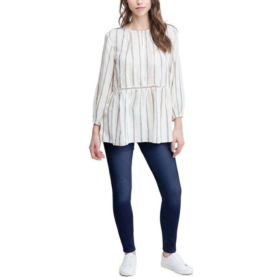 Fever Women's Ivory Striped 3/4 Sleeve PeplumBlouse