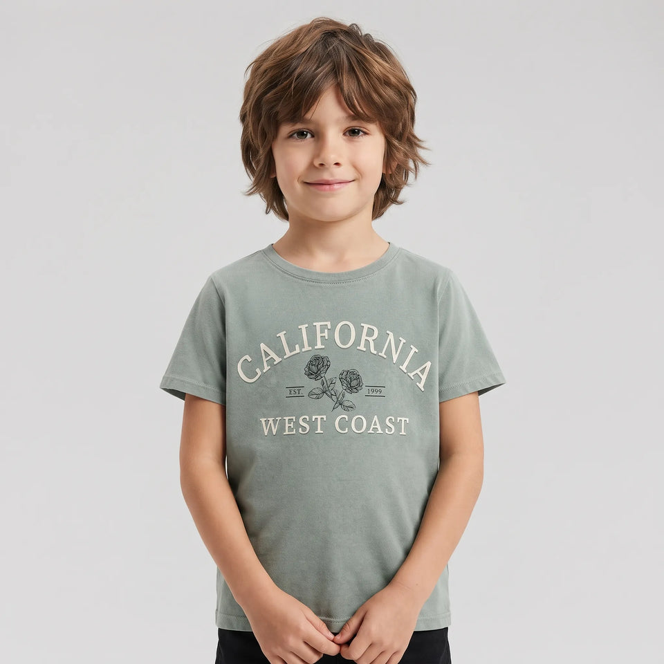 Sinsay Boy's Light Sage Green "California" Chest Printed T-Shirt