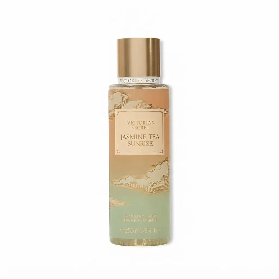 Victoria's Secret Jasmine Tea Sunrise body mist in a clear bottle with a gold cap, featuring a beige and light green illustrated label.