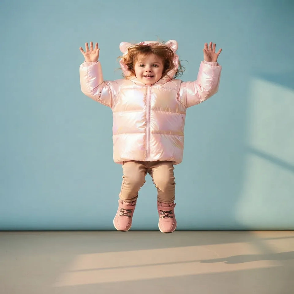 A young child wearing a shiny light pink hooded puffer jacket with bear ears, tan pants, and pink boots, jumping against a light blue studio background.