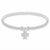 A silver beaded stretch bracelet with a dangling four-petal flower charm, shown on a clean white background.