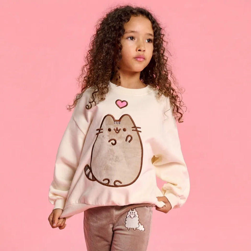 Sinsay Girl's Cream Crew Neck Cat Graphic Sweatshirt