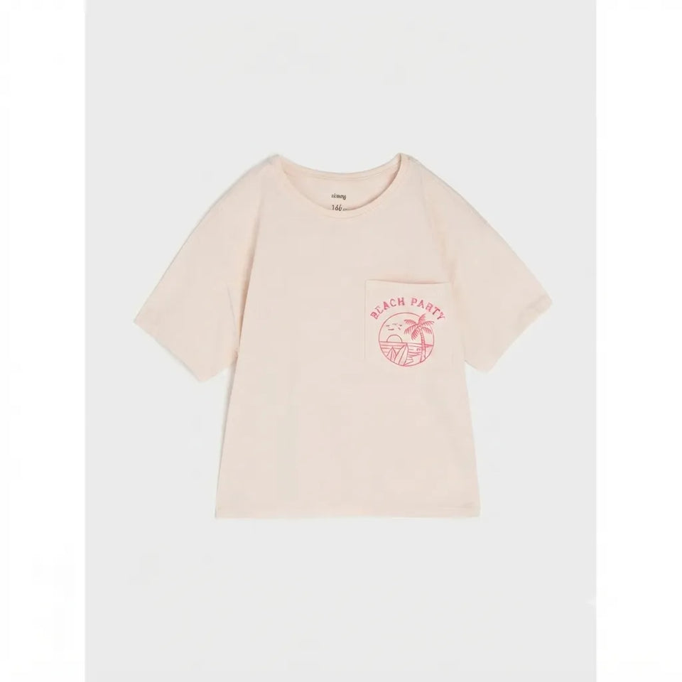 A light beige short-sleeve t-shirt with a pink graphic on the left chest reading 'BEACH PARTY' with a palm tree design, displayed flat against a light gray background.