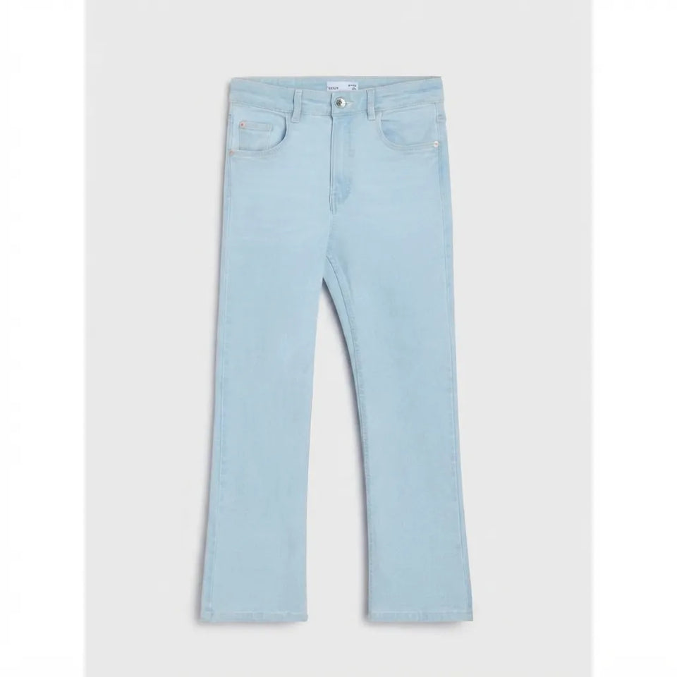 Light blue denim jeans shown flat against a light gray background.