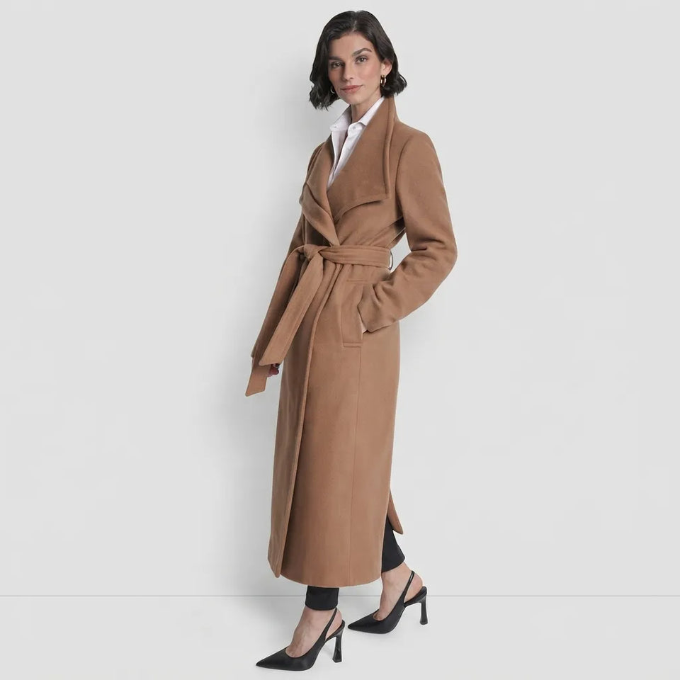 DKNY Women's Camel Wing Collar Asymmetrical Wrap Coat
