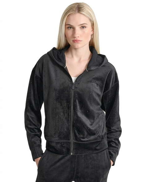 DKNY Women’s Midnight-Black Velour Rhinestone Zip Hoodie | DKNY in Lebanon