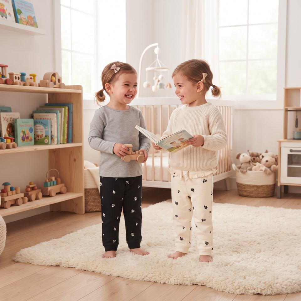 Two young girls standing on a fluffy cream rug in a bright nursery, wearing matching long-sleeve pajamas. The girl on the left wears a light gray top and black pants with small white motifs, while the girl on the right wears a cream top and cream pants with small black motifs.