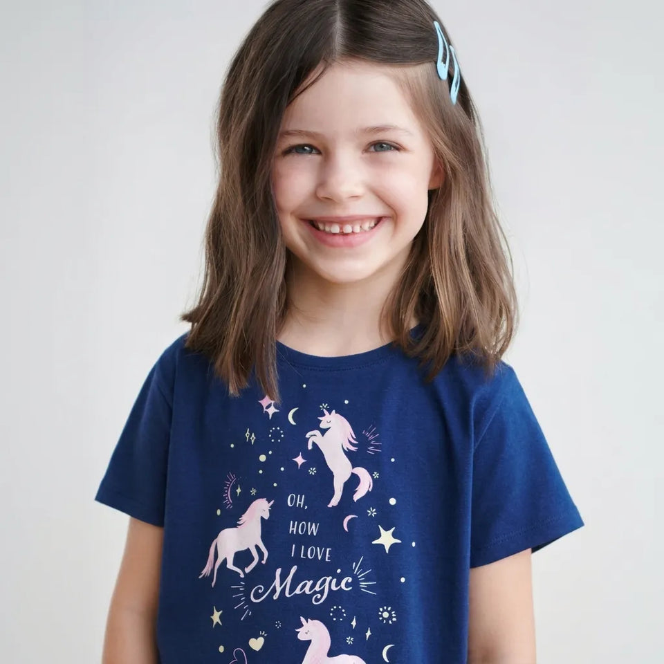 Sinsay Girl's Navy Magic Unicorns Printed Cropped T-Shirt