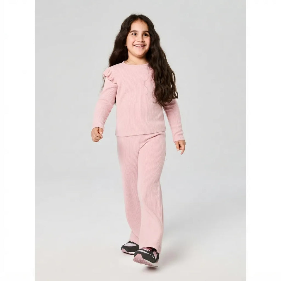 Sinsay Girl's Light Pink Ribbed Knit Ruffled Shoulder & Flared Leg Set
