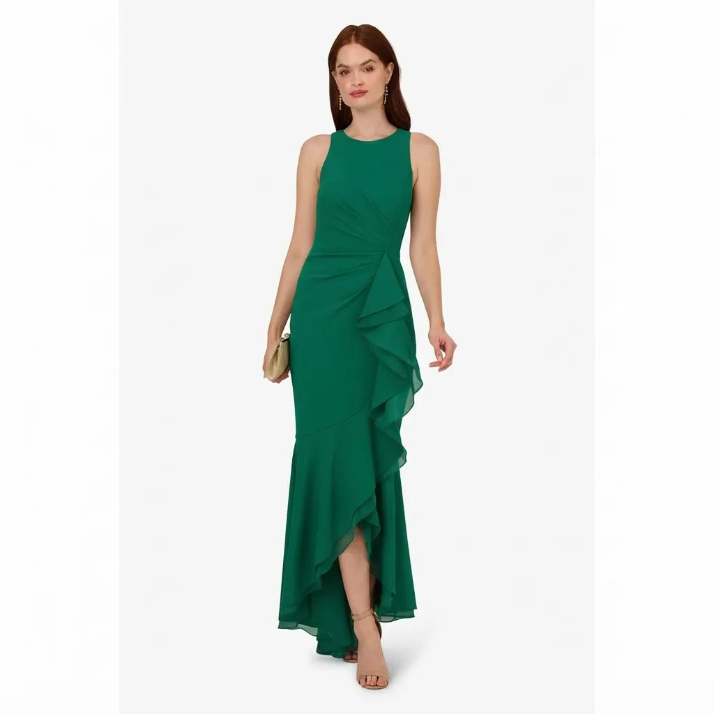 Adrianna Papell Women's Green Crepe Ruffle Gown Dress