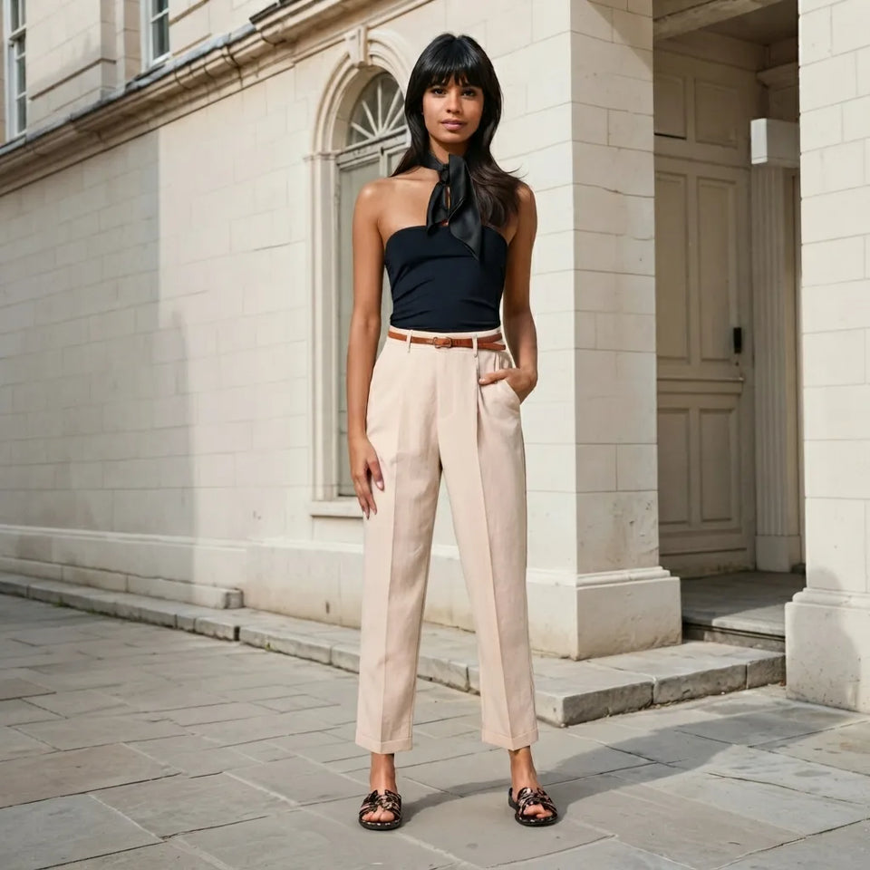 A woman stands outdoors on a stone sidewalk in front of a cream-colored building, wearing a black halter-style top with a side tie, high-waisted light beige trousers with a thin brown belt, and black sandals.