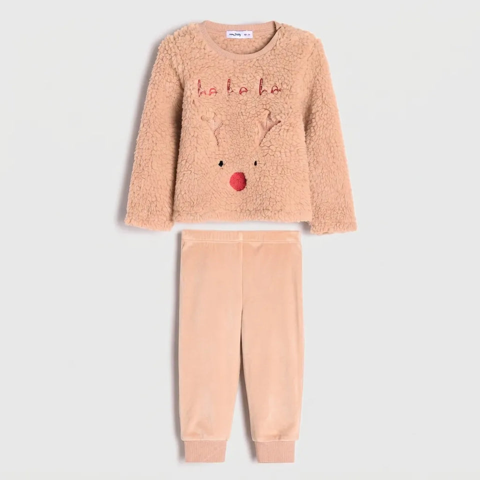 Sinsay Boy's Beige Fluffy Festive Reindeer Two Piece Pajama Set