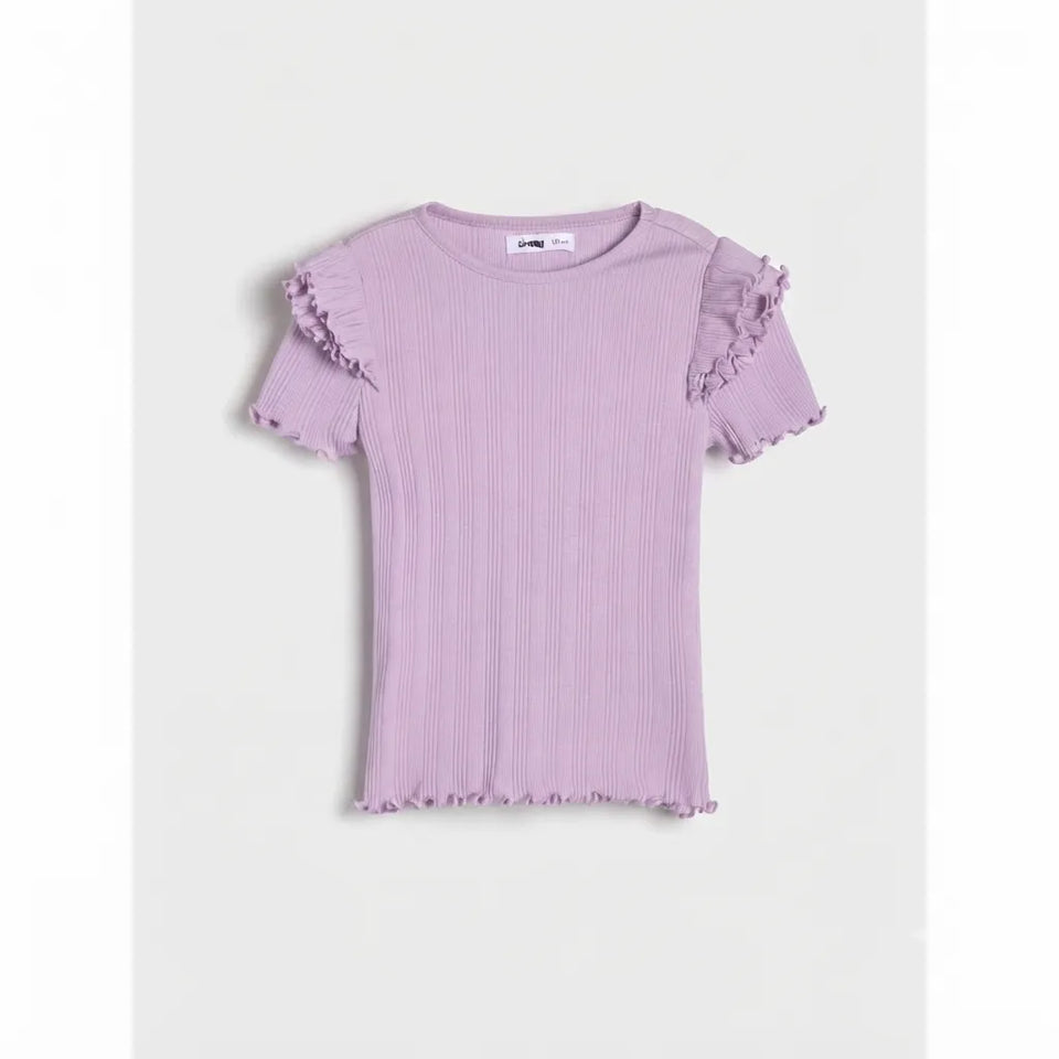 A light purple ribbed short-sleeve top with ruffled trim on the shoulders and hem, displayed flat against a light gray background.