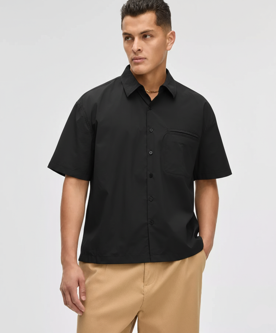 Mode of One Men's Black Relaxed Fit Short-Sleeve Button-Front Nylon Shirt|Mode of One In Lebanon