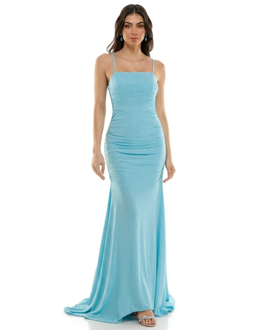 Katia Rae Women’s Aqua Sparkle Knit Ruched Mermaid Gown | Katia Rae in Lebanon