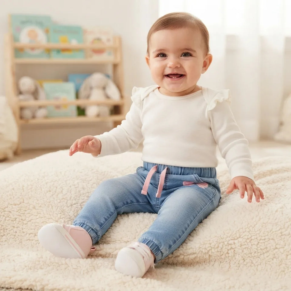 Sinsay Baby Girl's Light Blue with Graphic Pink Bow Denim Jeans